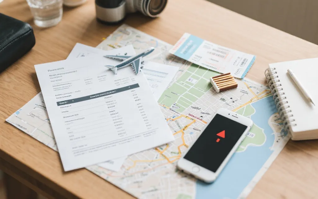 旅行计划桌面：航班行程单、比赛门票、地图与手机提醒，清晰的时间管理氛围