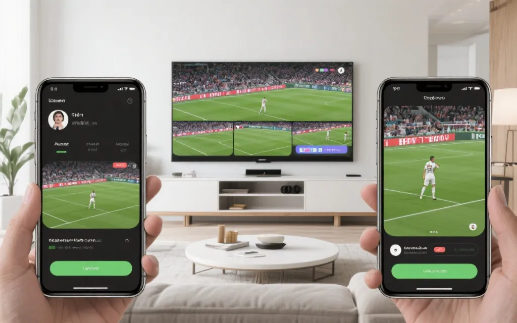 手机、平板与电视多屏同步观看体育赛事的现代客厅场景，界面简洁，强调稳定与清晰