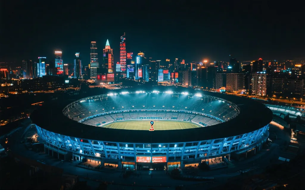 世界杯决赛夜球场外景与城市天际线的概念画面