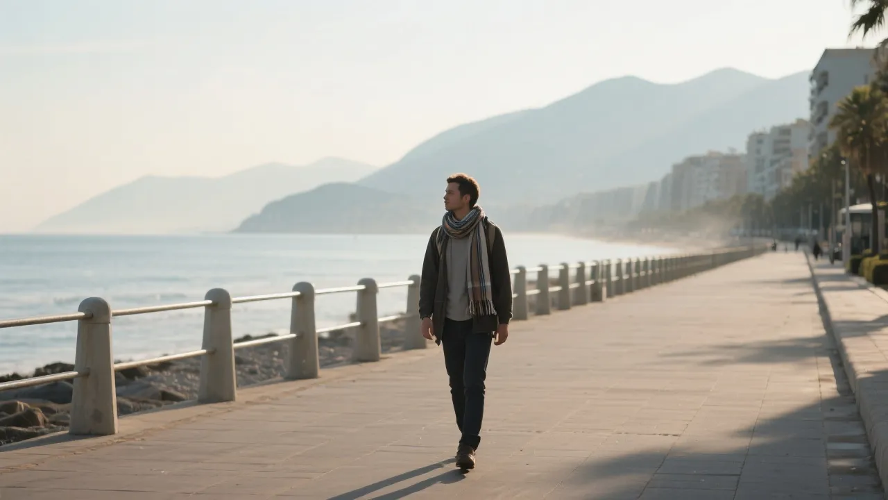 清晨的海岸步道与远处山线，旅行者戴着围巾散步，城市与自然交汇的宁静画面