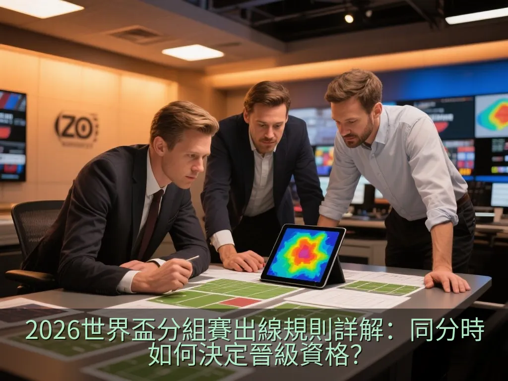 簡約風格的體育場大屏幕，顯示著同分小組積分榜的模擬數據