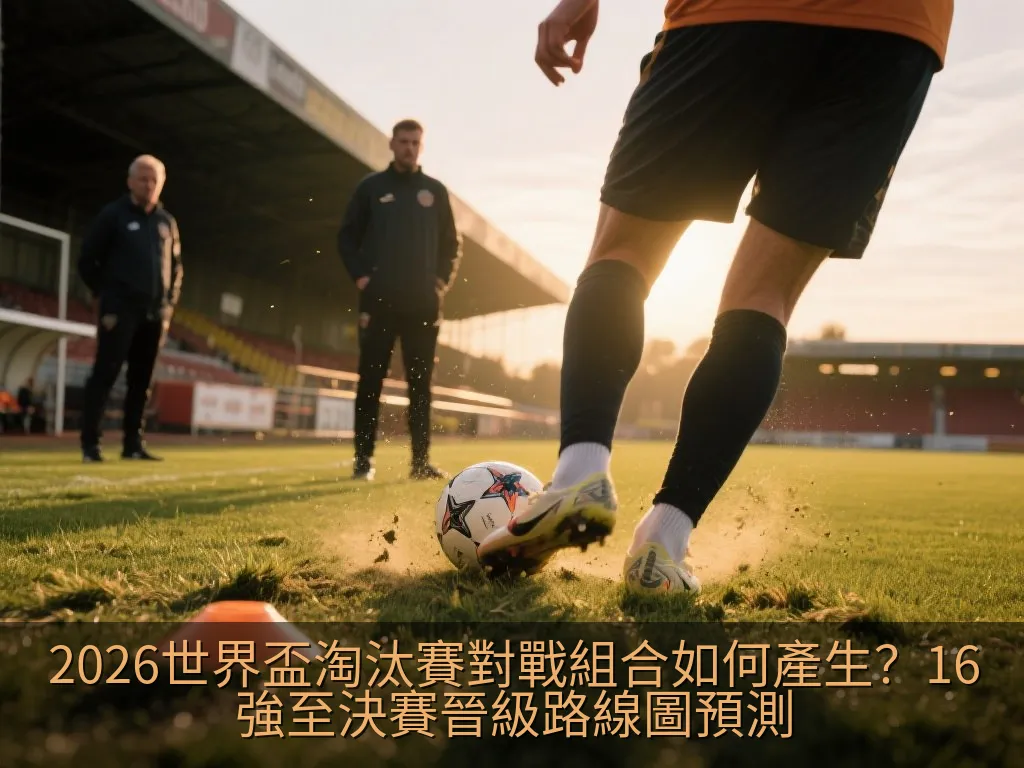 黃昏時分的美麗現代足球場全景，夕陽餘暉灑在綠茵草地上，看台空無一人，展現大賽前的寧靜與張力